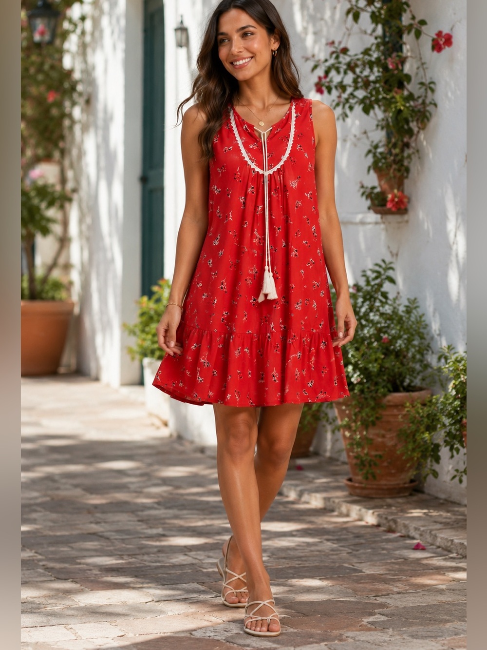 Chic Red Floral Sleeveless Dress NWOT